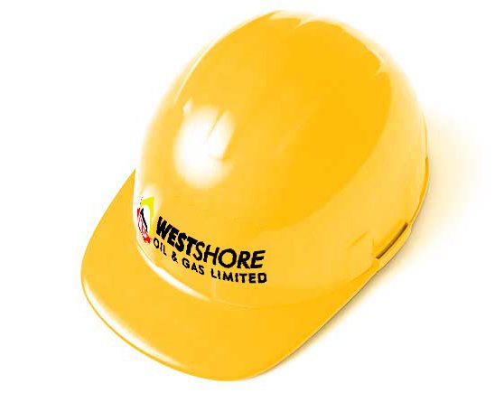 Yellow safety helmet branded with the Westshore Oil & Gas Limited logo